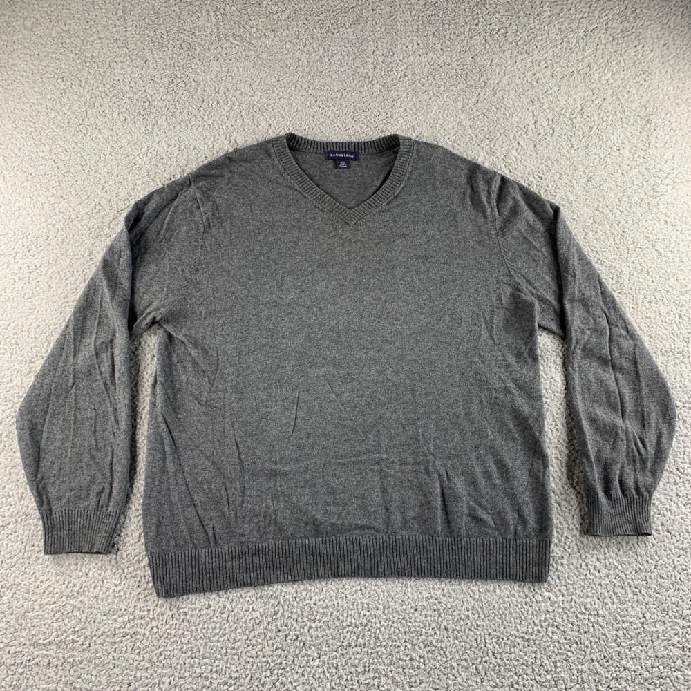 Vintage Lands' End Sweater Mens Large Gray 42-44 Cotton Cashmere Pullover V Neck
