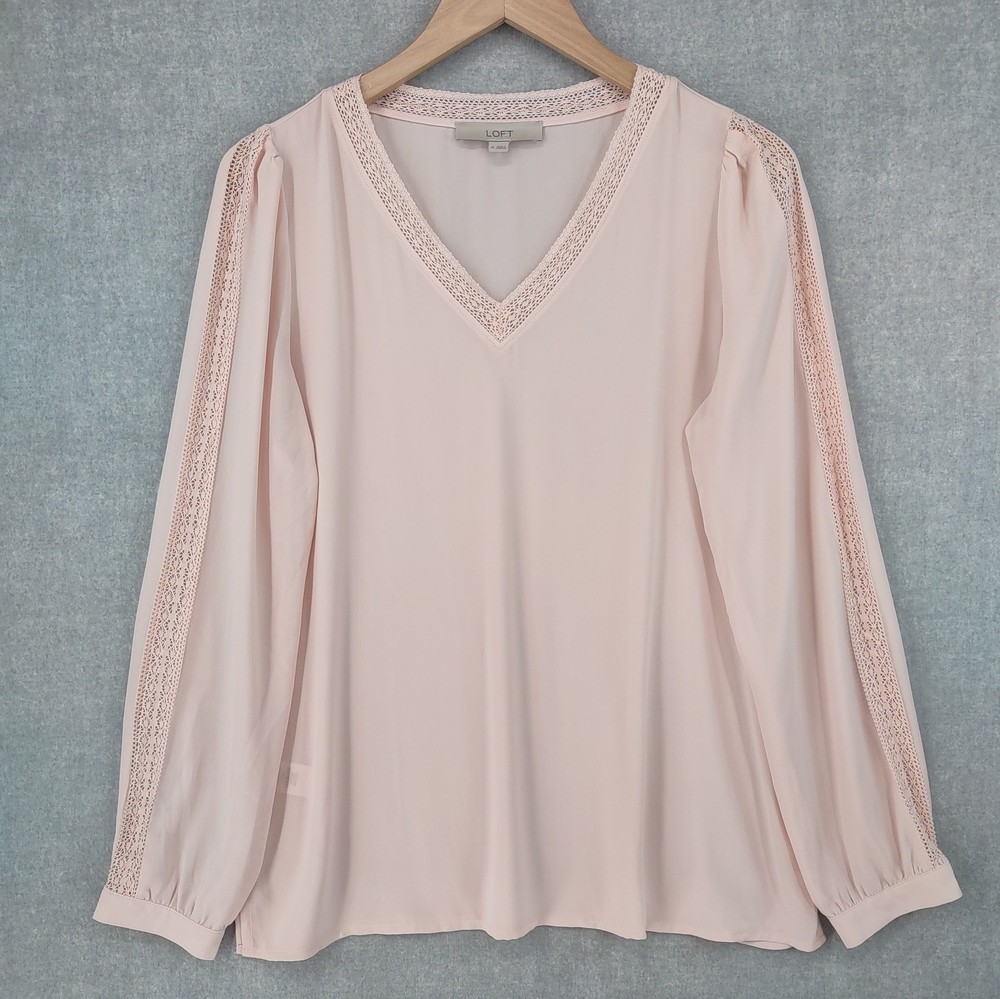 LOFT Blouse Womens Medium Pink Long Sleeve V Neck Lace Trim Work Top Lightweight