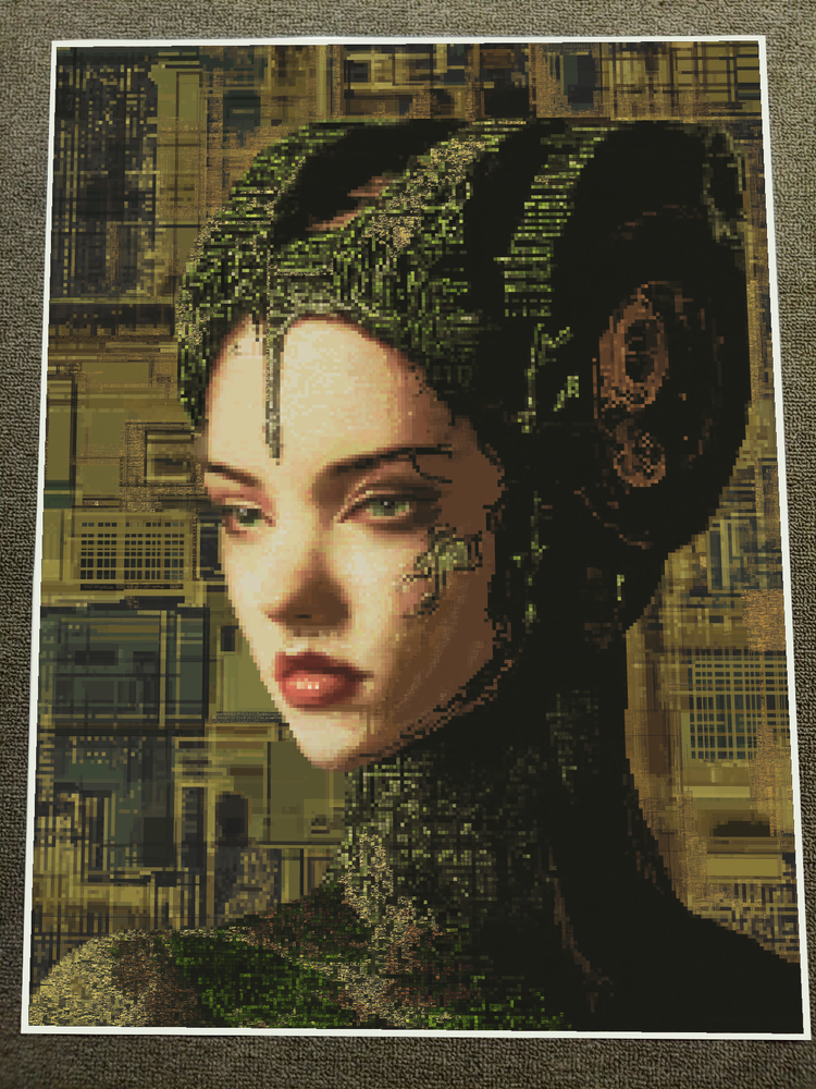 Gothic Cybernetic Woman with Green and Brown Glitch Accents Poster 18x24in