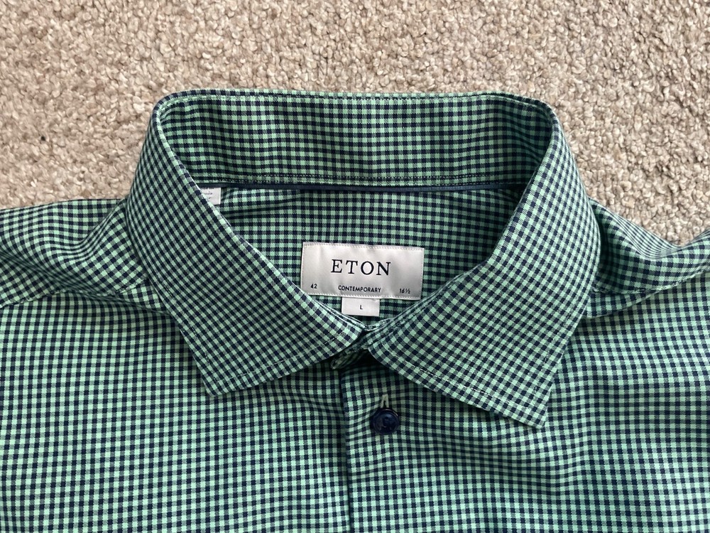 Nice Mens ETON Contemporary L/S Button Front Shirt L Blue Green Check 42 16.5