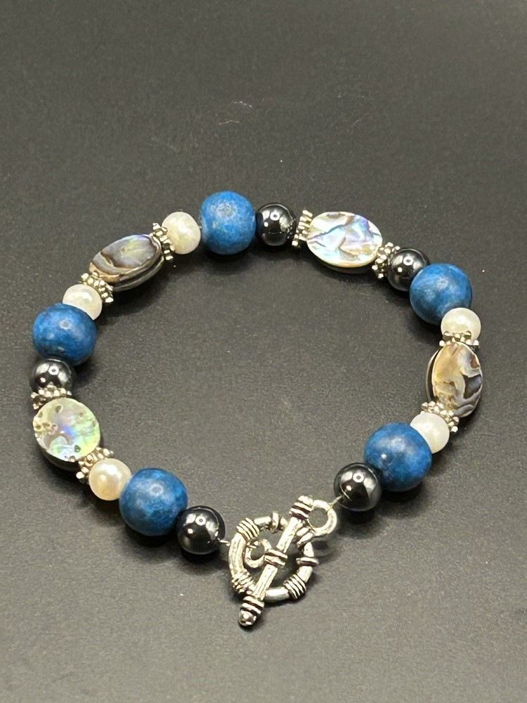 Artisan Beaded Bracelet w/Abalone Pearl Hematite Blue Silver Tone