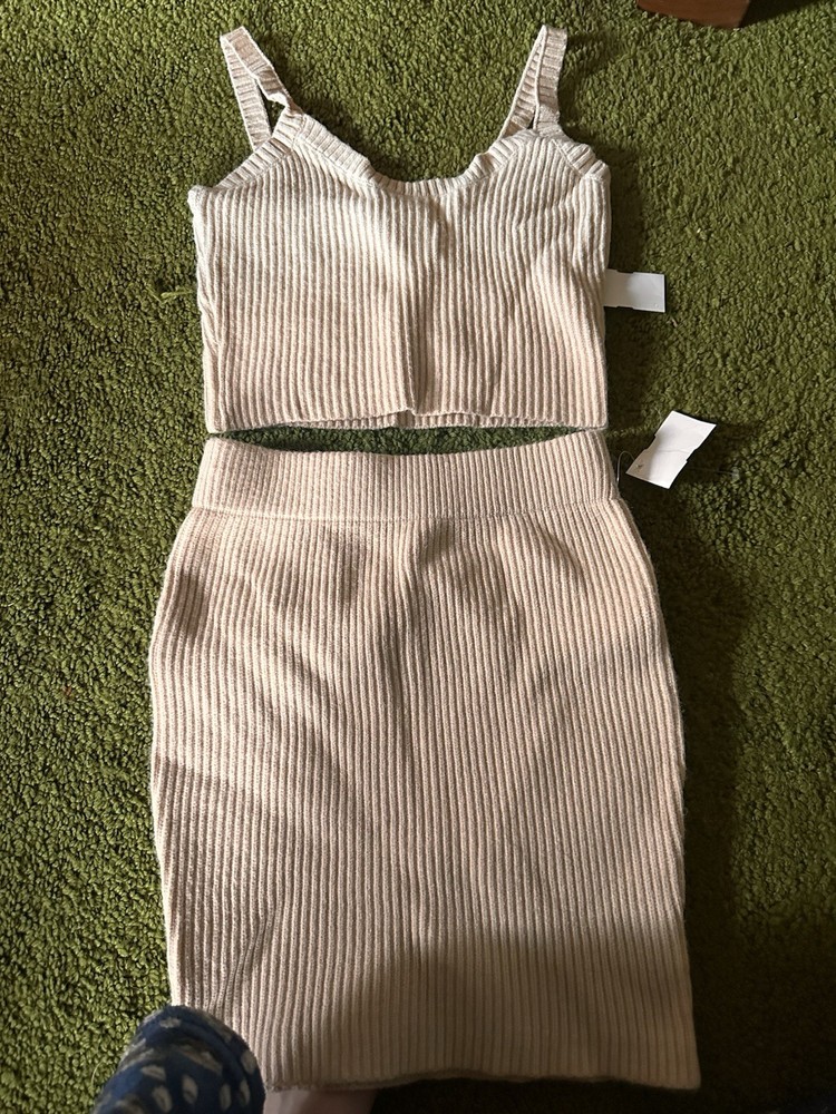Beige Ribbed Knit Crop Tank and Skirt Set, Sleeveless V Neck, Slim Fit