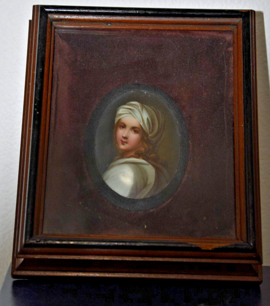 Antique Miniature Attributed KPM Portrait Beatrice Cenci Porcelain Wood Framed