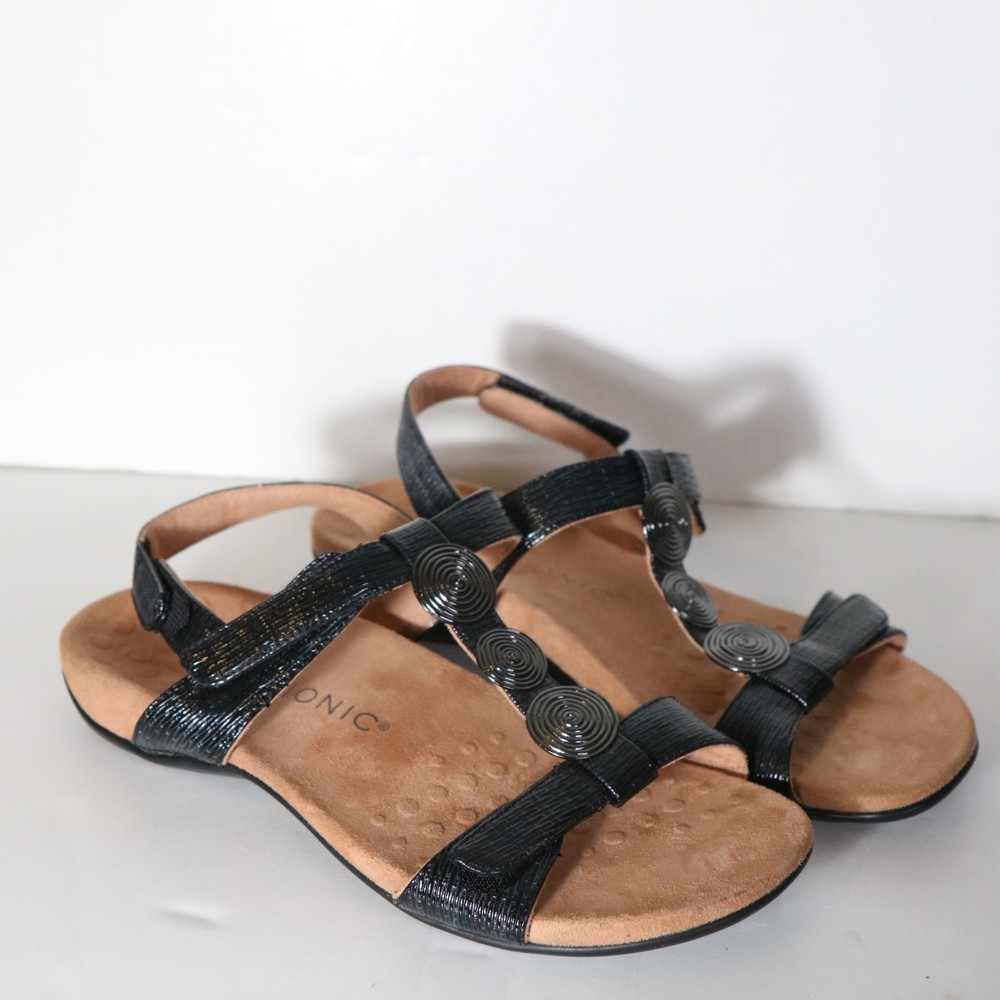 Vionic Farra II Black Woven Leather Metal Sandals Womens 10 Comfort Walking