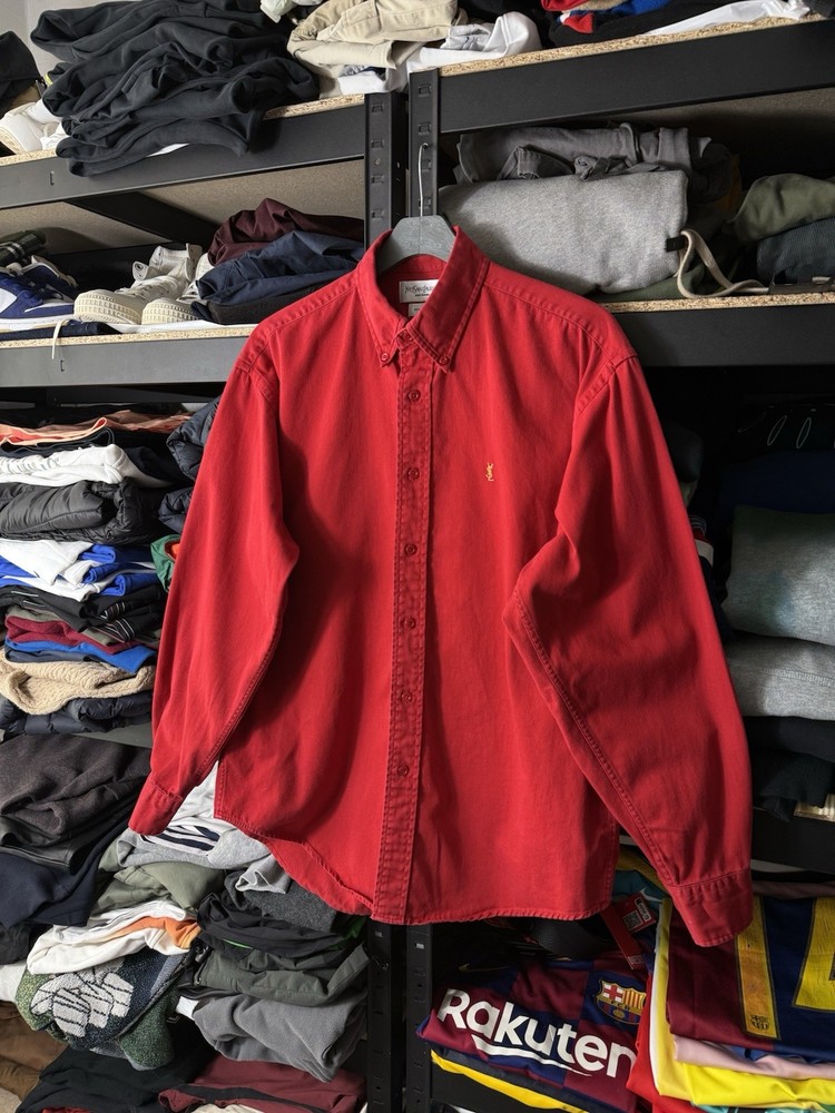Yves Saint Laurent YSL Button Up Shirt Mens M Red Cotton Logo Vintage