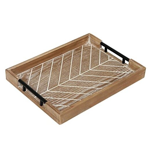 Serving Tray with Polished Metal Handles，Large Ottoman Tray with Modern Brown