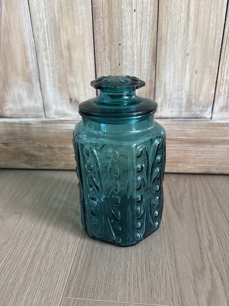 Vintage LE Smith Imperial Atterbury Teal Blue Glass Canister Jar 9