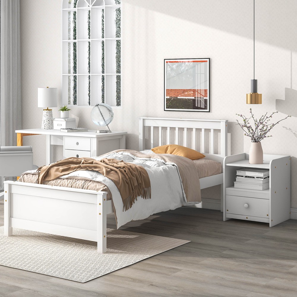 Twin Bed with Headboard and Footboard and Nightstand for Kids Teens Adults  