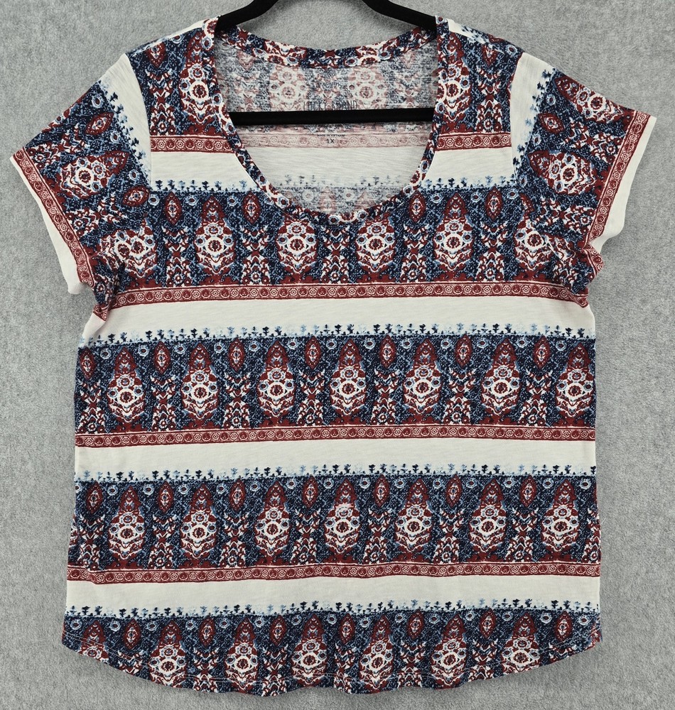 Lucky Brand Women's T-Shirt Sz 1X Red Blue White Paisley Indie Boho Light Soft