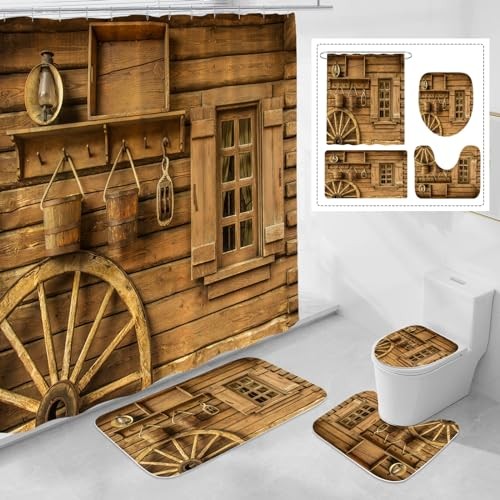 4-Piece Rustic Wooden Farmhouse Shower Set with Non-Slip Barrel Rugs