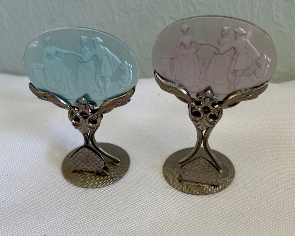 Set Of 2 Antique Camphor Cut Czech  Glass Art Deco Place Card Holders Purple