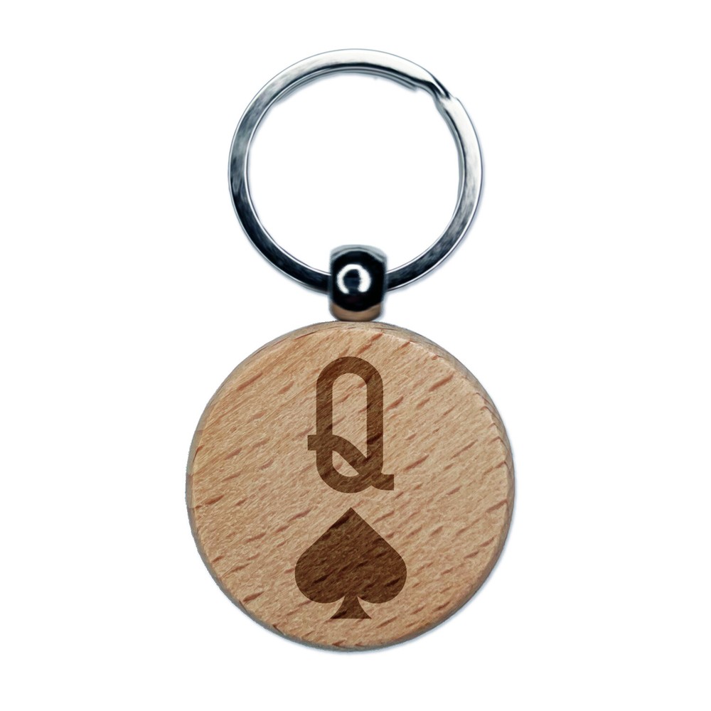 Queen of Spades Card Suit Engraved Wood Round Keychain Tag Charm