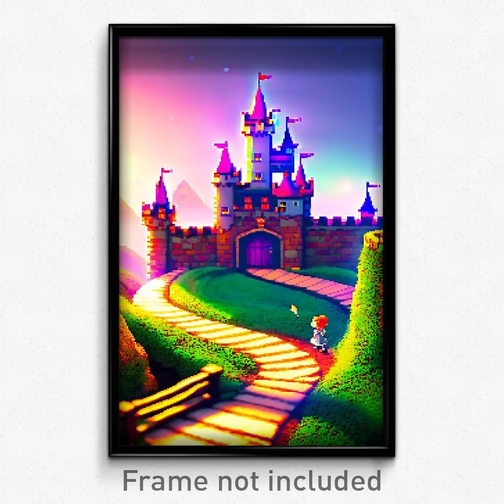 Retro 8-Bit Psychedelic Castle Pixel Art Gaming Poster