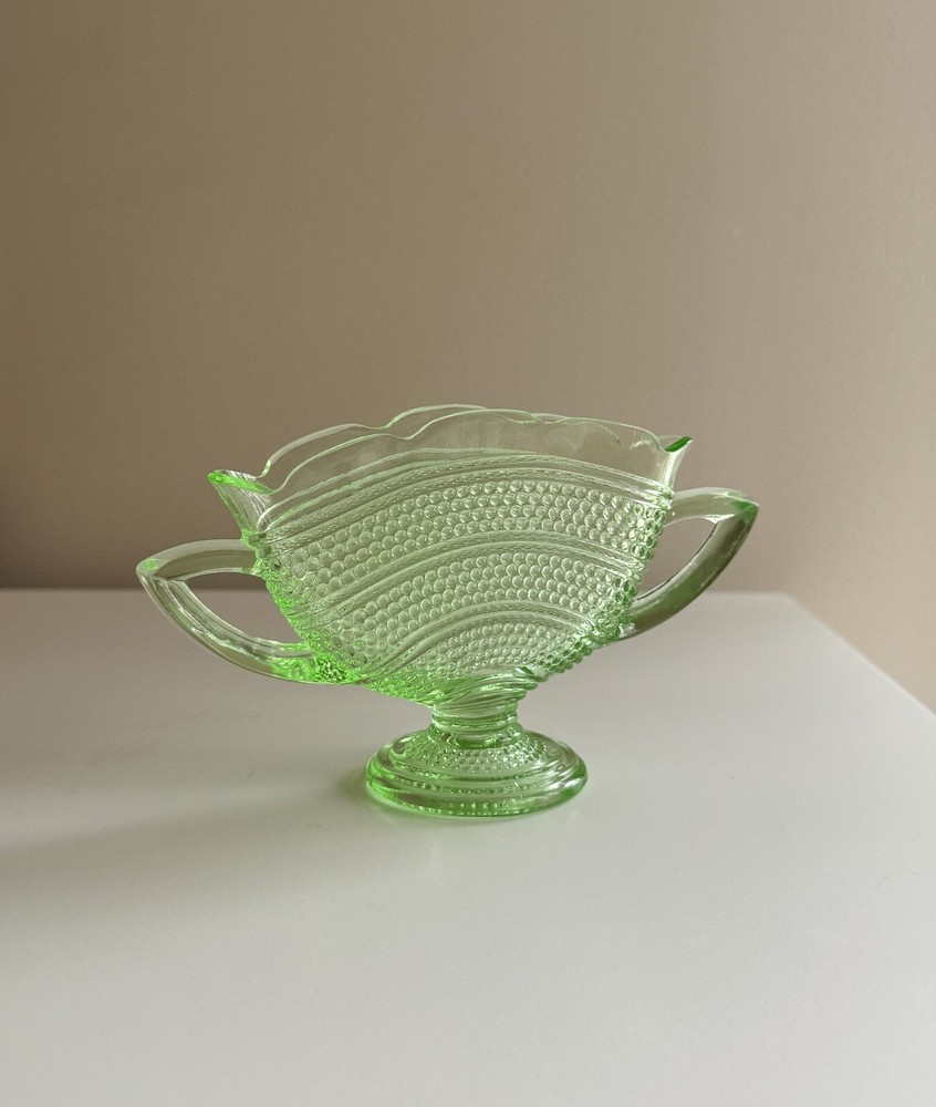 Vintage Green Uranium Glass Hobnail Fan Vase with Handles