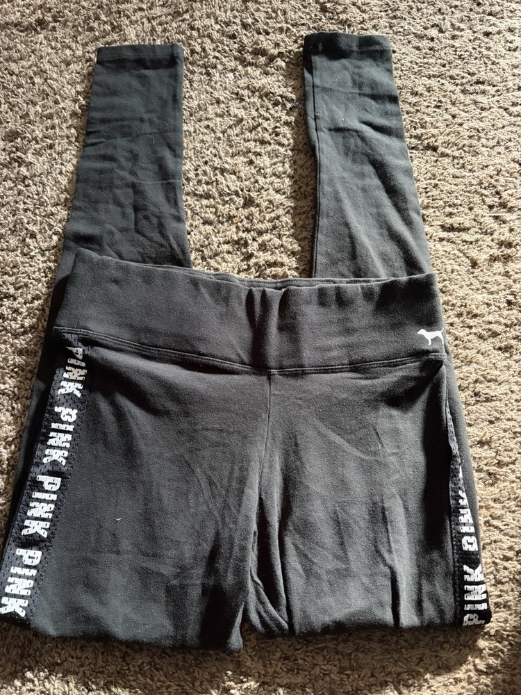 PINK Victoria's Secret Yoga Ankle Leggings Black Logo Knit Size S