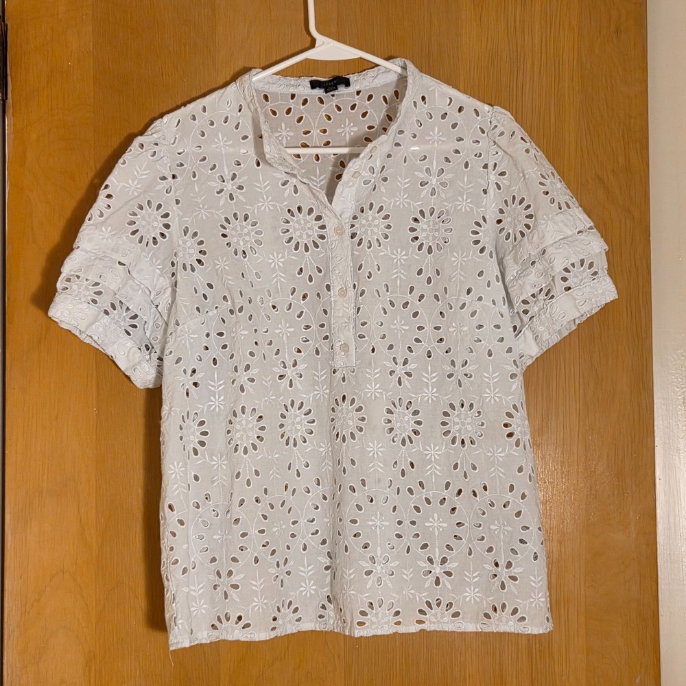 J Crew Eyelet Pullover Top Womens XL Ruffled Puff Sleeve White Floral Coquette