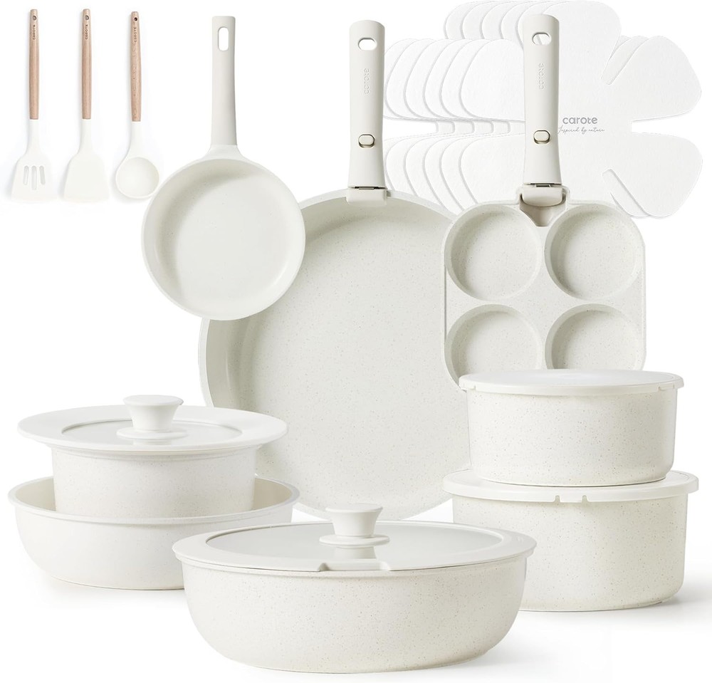 CAROTE 23-Piece Non Stick Pots and Pans Set in Cream White for Modern Kitchens