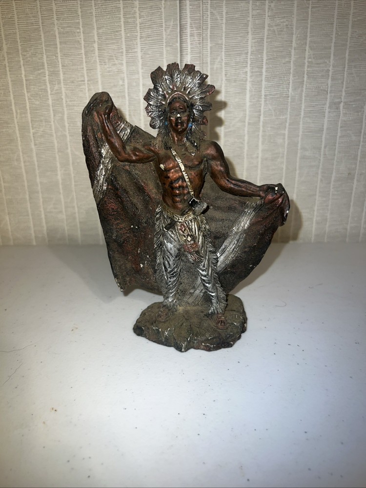 Native American Chief Statue 7” Bronze Resin Western Decor Headdress Blanket (C)