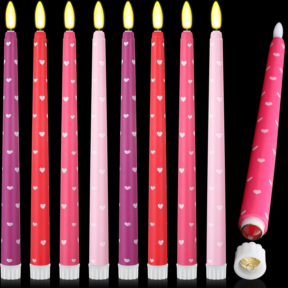 8 Flameless Valentine Taper Candles with Heart Flicker 10.8 Inch Battery Operated