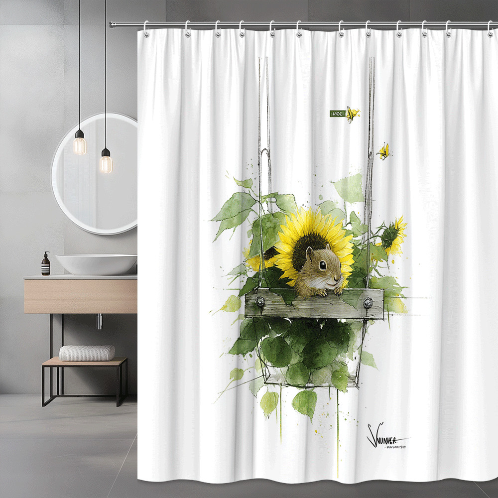 Sunflower Squirrel Shower Curtain Watercolor Floral Print