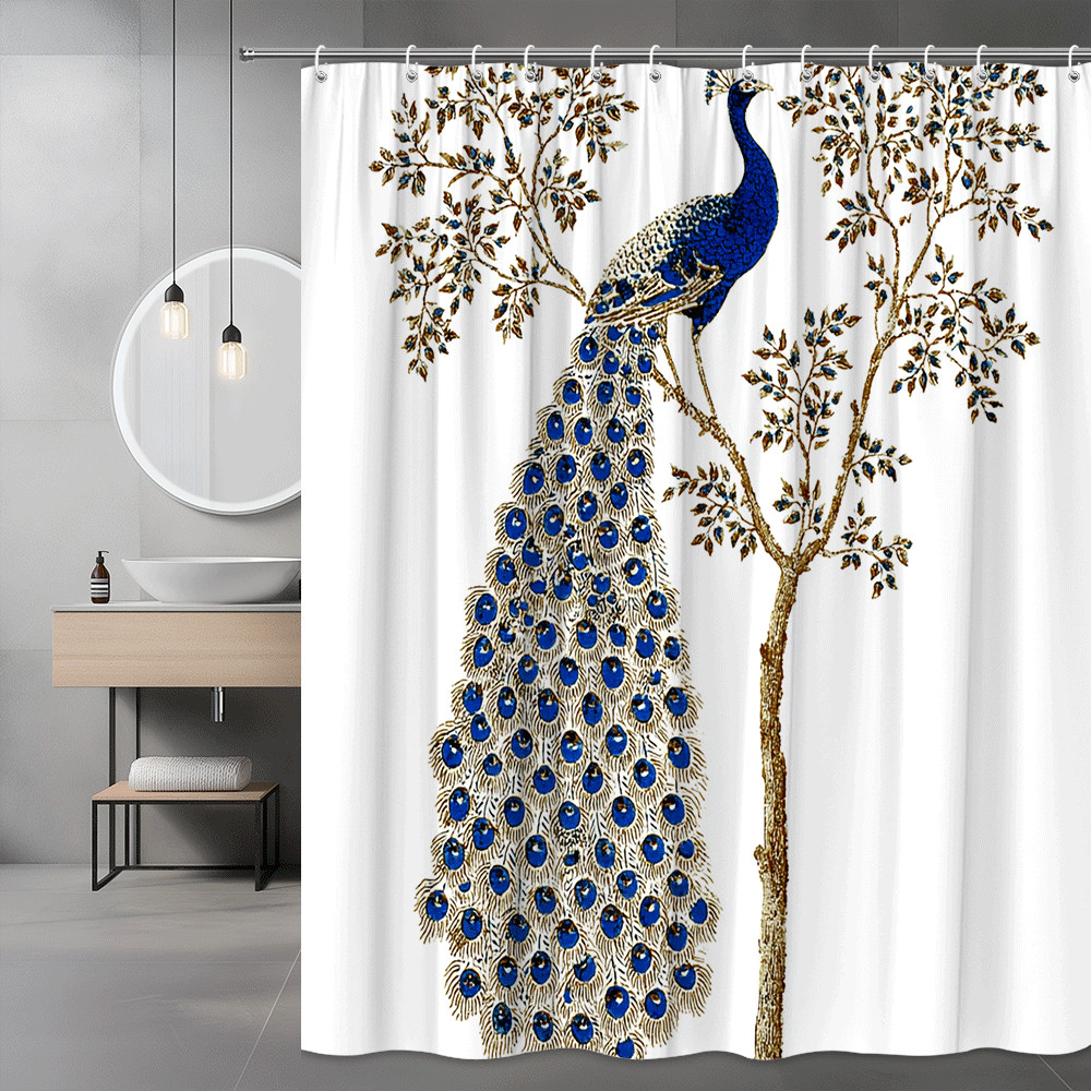 Peacock Tree Print Shower Curtain Blue Gold Bird Decor