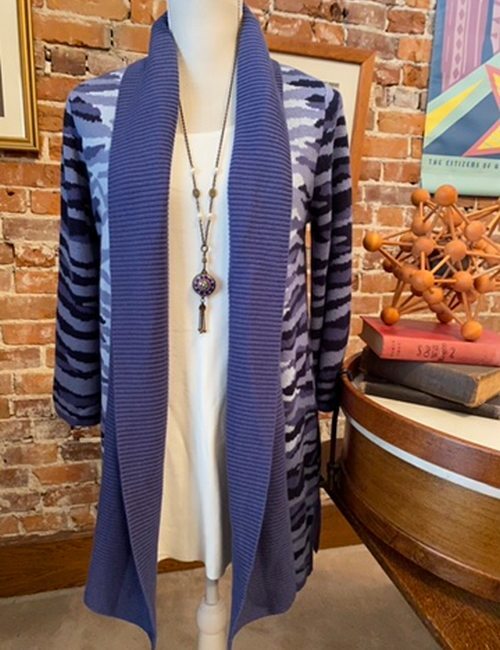 Isaac Mizrahi Blue Zebra Animal Jacquard 3/4 Sleeve Cardigan Sweater New