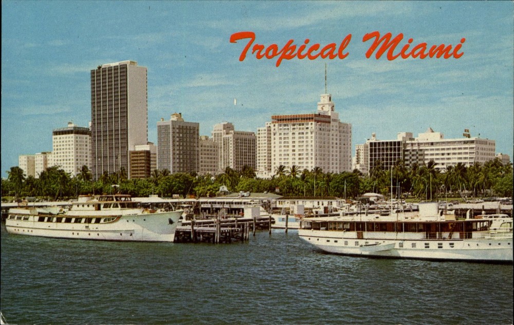 Miami Florida FL skyline from Dodge Island Causeway ~ 1960s yachts ~ postcard
