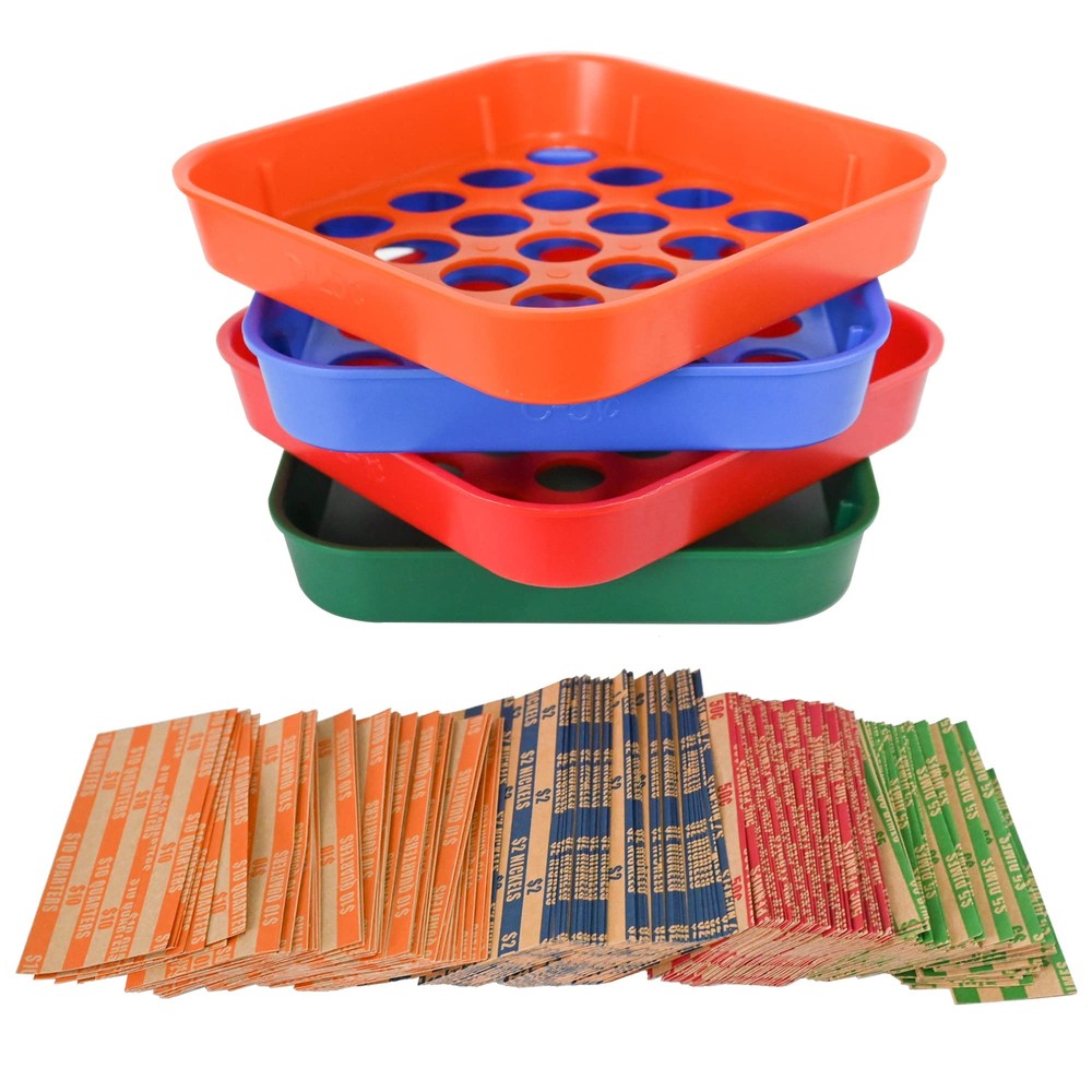 ESSENTIAL Coin Sorters Tray, 4 Color-Coded Coin Sorting Tray with 160 Assorte...