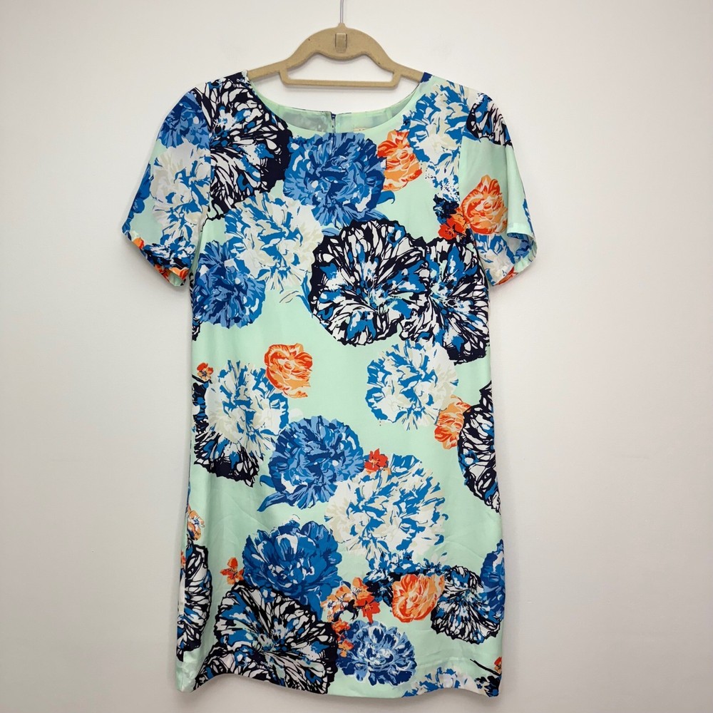 J.Crew Floral Print Shift Dress Mint, Blue, Orange, White Short Sleeve Size 4