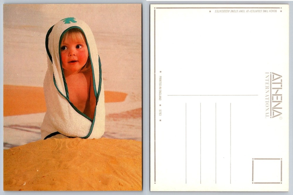 Vintage Athena Postcard Little Girl Beach Towel Palm Tree Cute Baby 1980s