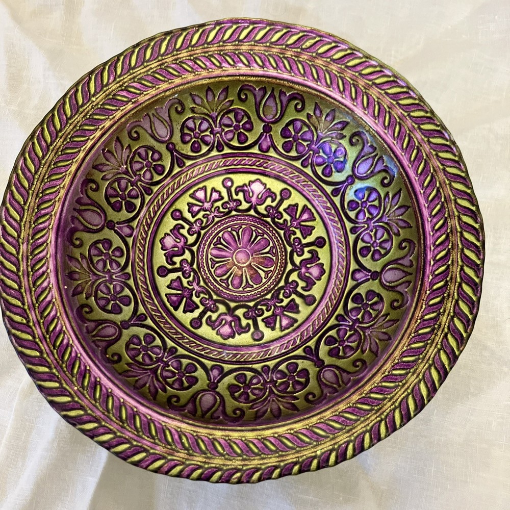 Turkish Glass Bowl Vibrant  Purple, Gold  Colors Intricate Scroll Floral Design