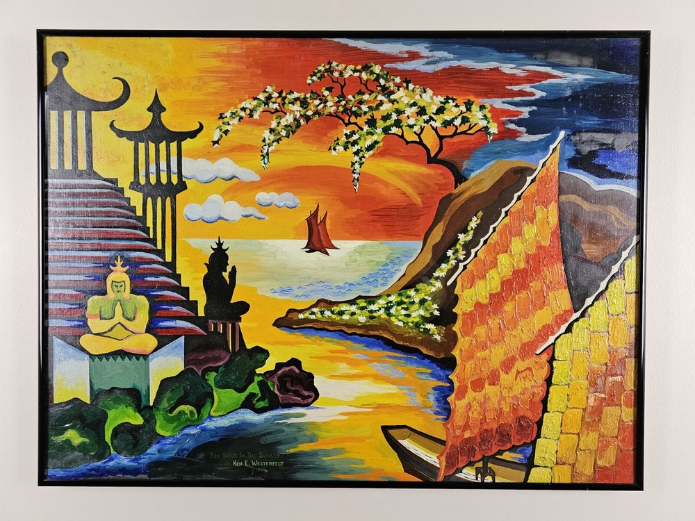 Vintage Original Signed Ken Westerfelt Oil Painting 24x18 Framed Buddhist Art