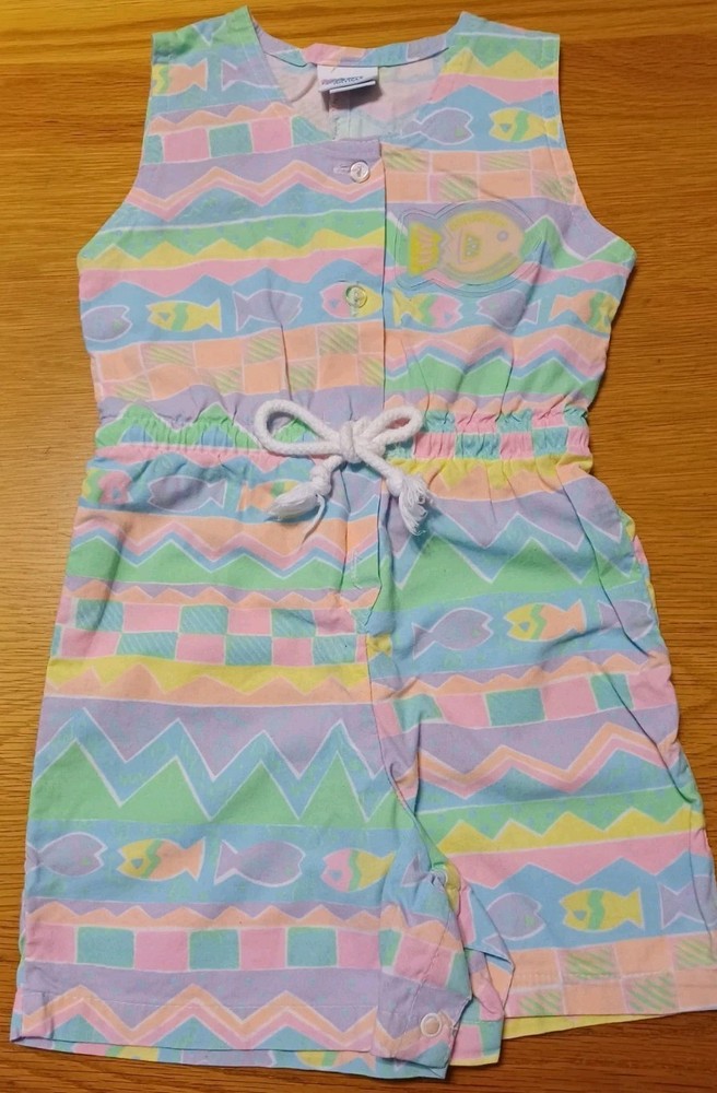 Vintage OshKosh Girls Shortalls Romper Jumpsuit Geometric Pastel Fish - 4T - USA