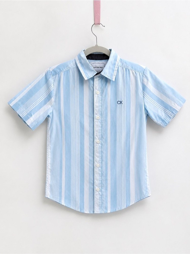 Calvin Klein Boys Striped Button-Up Shirt Size 8 Light Blue White Short Sleeve