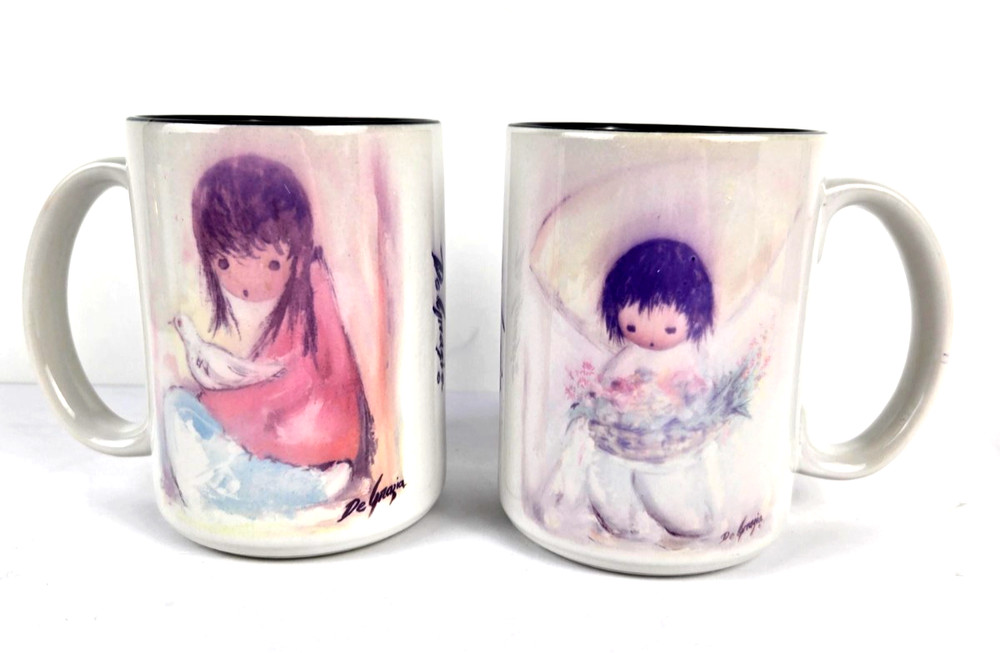 Vintage De Grazia Signed Native Girl And Boy Ceramic Coffee Mugs Set of 2