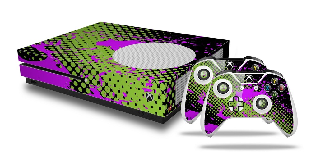 Skin XBOX One S Console Controller Halftone Splatter Hot Pink Green