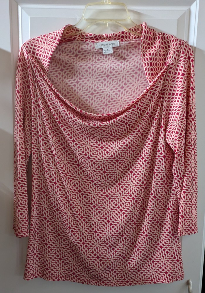 Liz Claiborne 3/4 Sleeve V-Neck Bubble Button Pink/Red Geo Tunic Blouse Size M