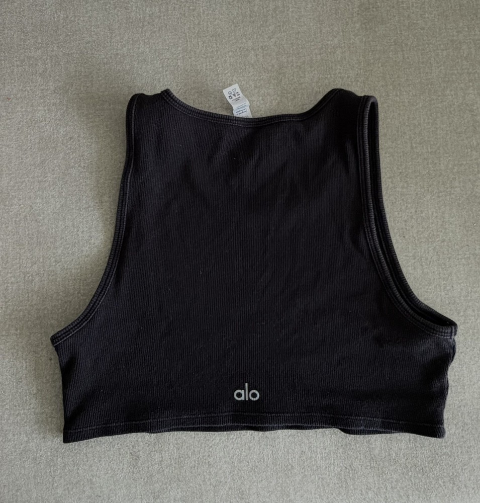 Alo Yoga Tank Top Womens Small Black Ribbed Knit Vibe Crop Cropped Athletic Gym