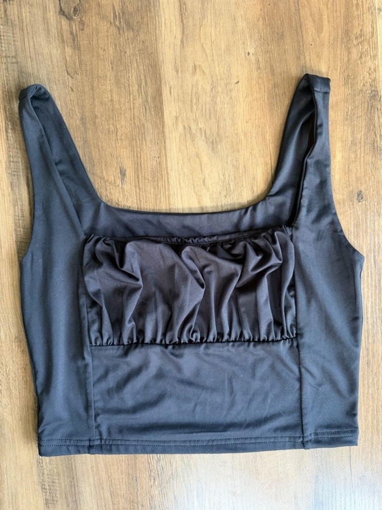 Women's Black Ruched Square-Neck Crop Tank Top Size Large