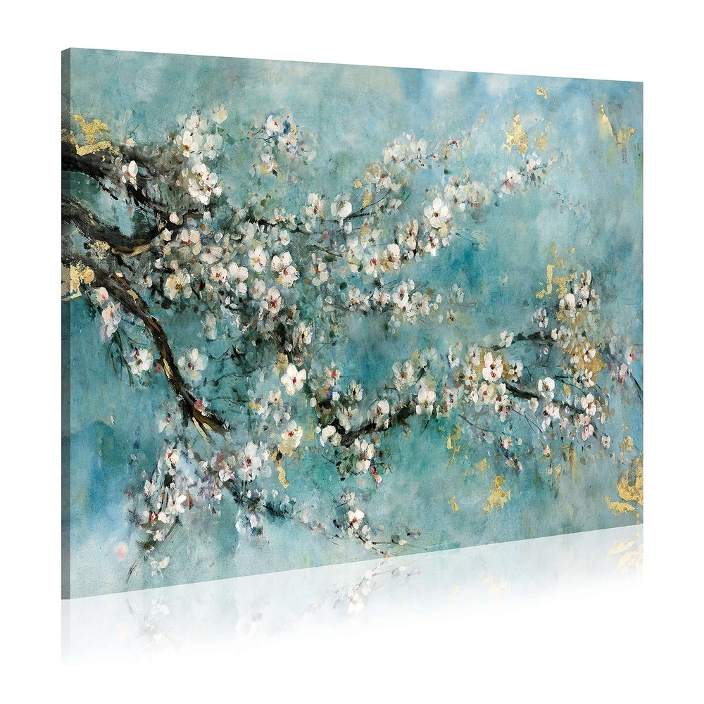 Abstract Dogwood Bloom Teal Tree Canvas Wall Art Floral Decor-image
