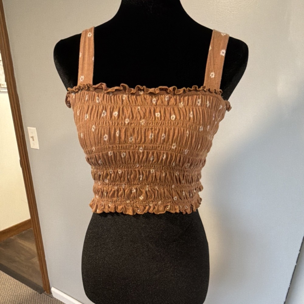 American Eagle Smocked Floral Cropped Tank Top Brown Ruffle Accents XS