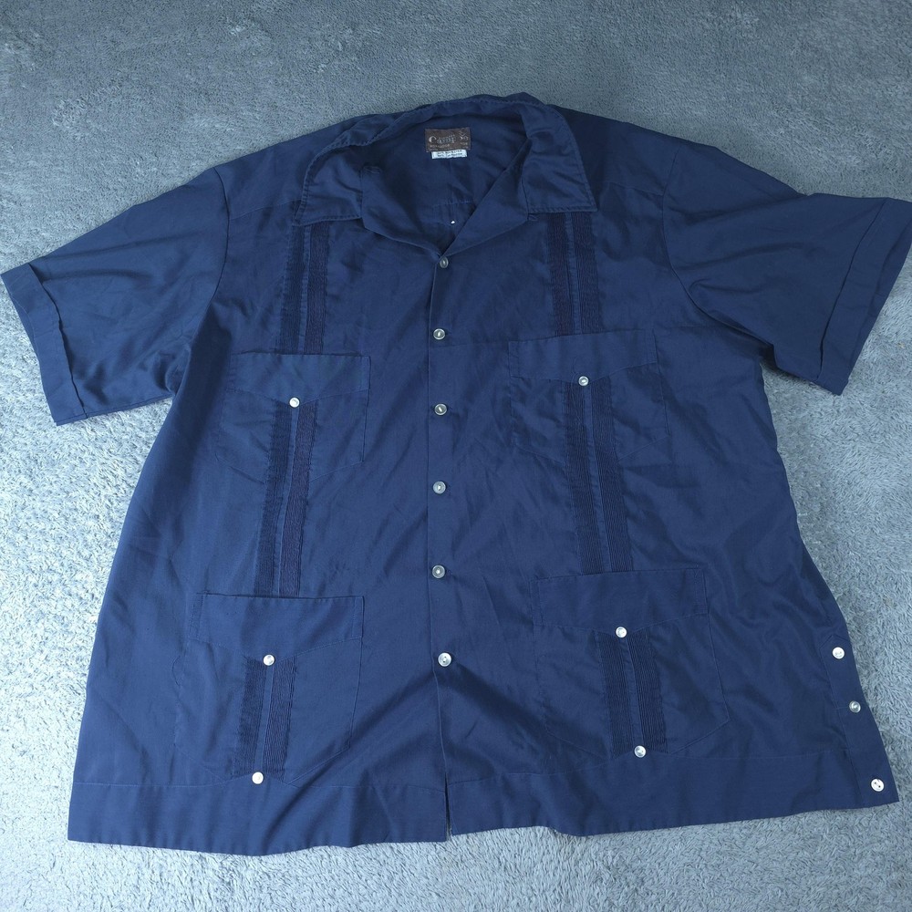 Camp Shirt Mens 3XL Blue Solid Short Sleeve Guayabera Cuban Button Up Pockets