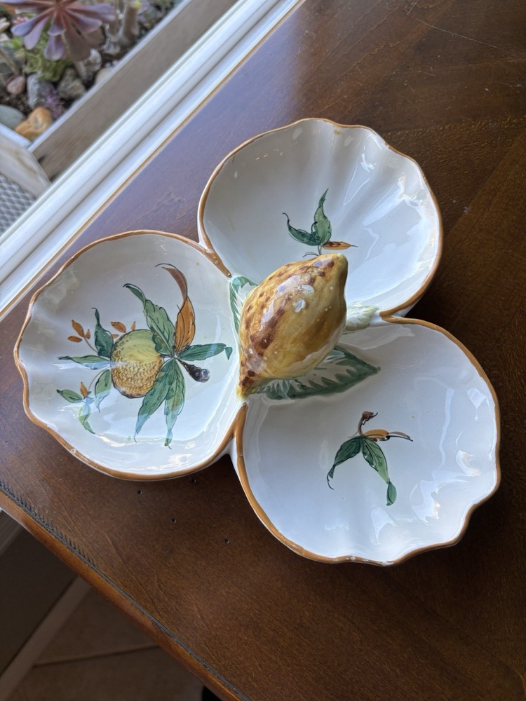 Vintage Italian majolica pottery divided serving dish, olives, nuts, or candy