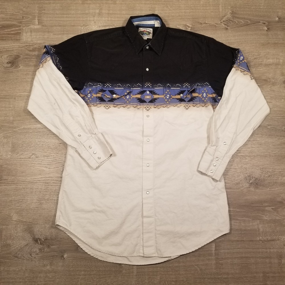 Cumberland Outfitters Western Aztec Print Pearl Snap Shirt Black/White Men’s LG