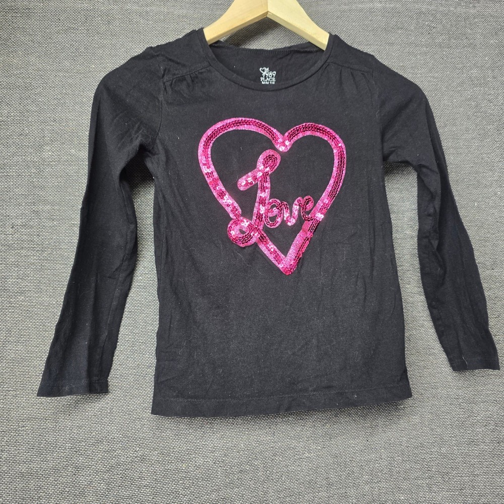 The Children Place Girls Black Pink Sequin Heart Love Long Sleeve Shirt Size 7/8