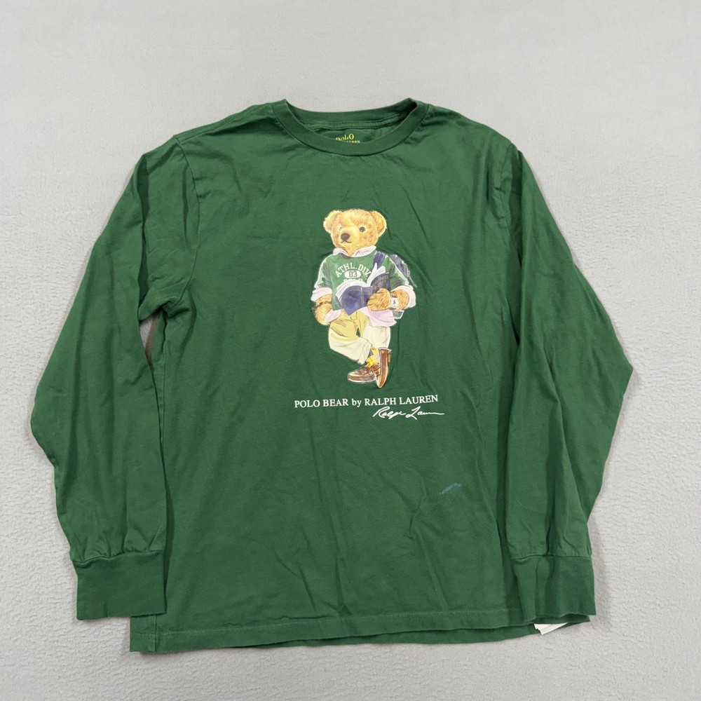 Polo Ralph Lauren Shirt Boys Large 14-16 Green Polo Bear Graphic Long Sleeve Tee