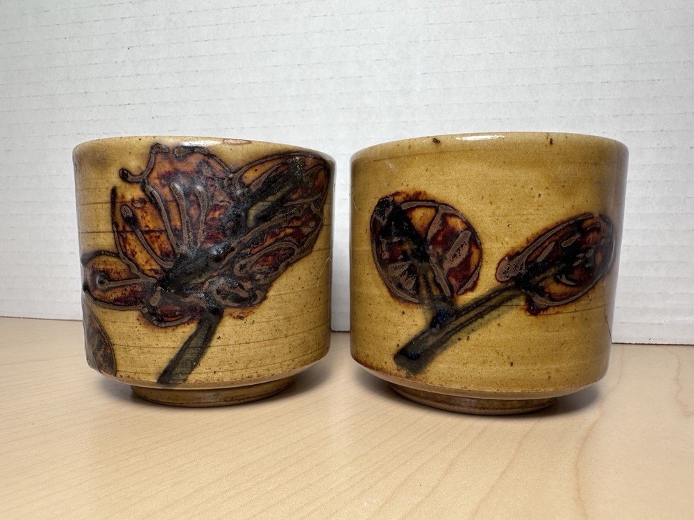 Otagiri Japanese Stoneware Tea Cups Set of 2 Floral Leaf Design
