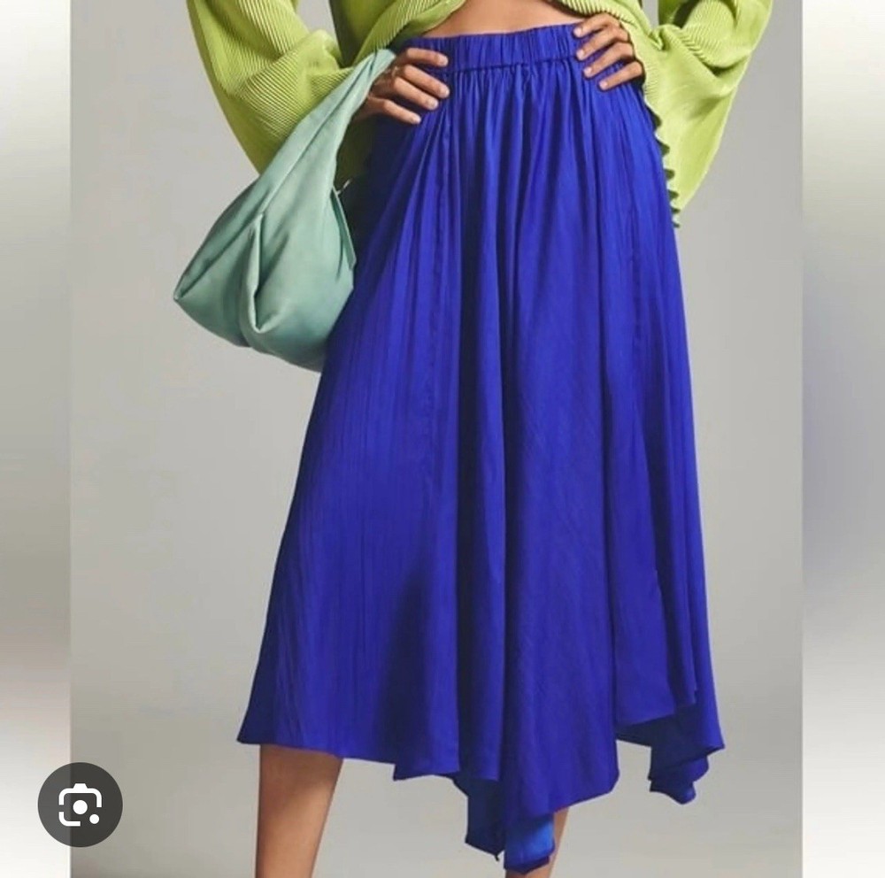 Anthropologie Blue Pleated Silk Cotton Midi A-Line Skirt High Rise M