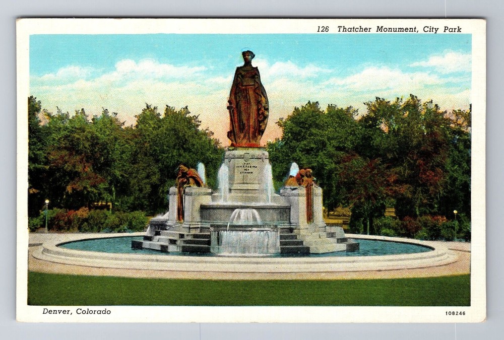 Denver CO-Colorado, Thatcher Monument, City Park, Antique Vintage Postcard