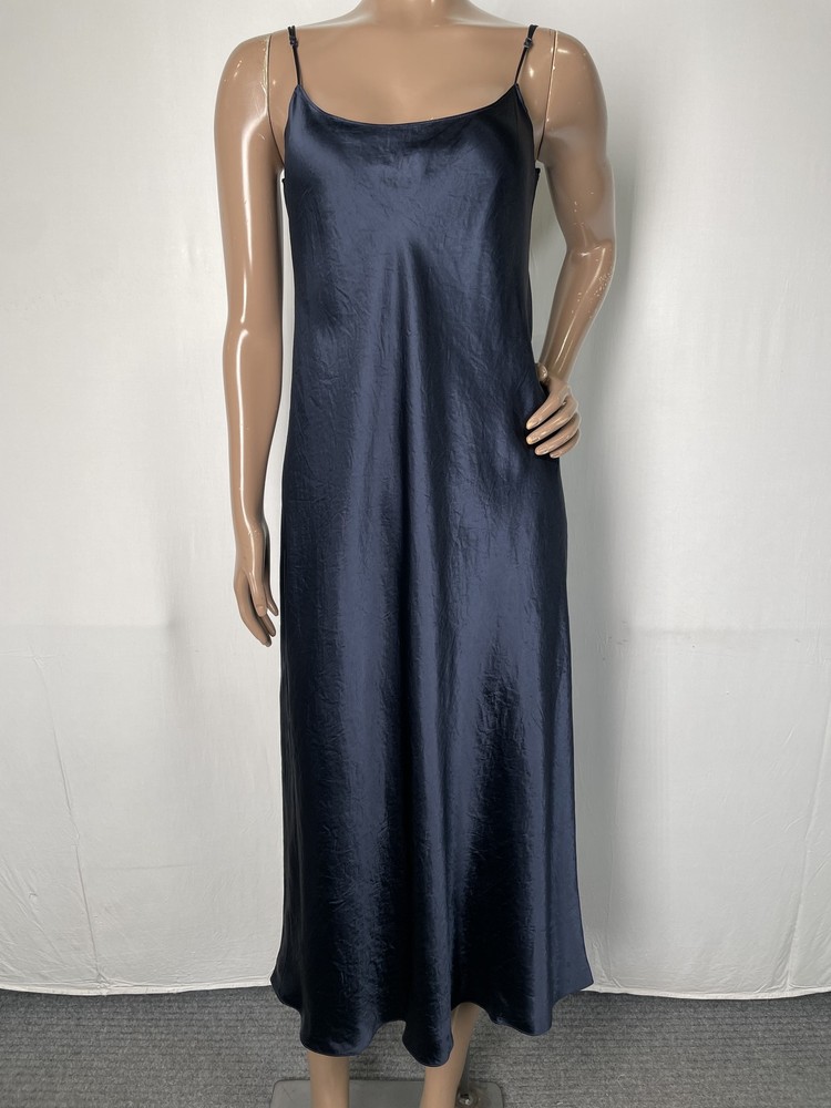 Vince Womens Midi Slip Dress Navy Blue Size M Japanese Satin Strap Sleeve Lined